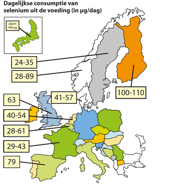 Kaart van Europa met per land selenium tekorten